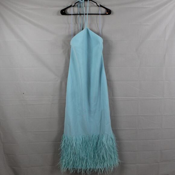 Alexis Dress XS Izzie Lagoon Feathered Blue Trim Halter Maxi Gown Evening Luxury - Picture 4 of 14
